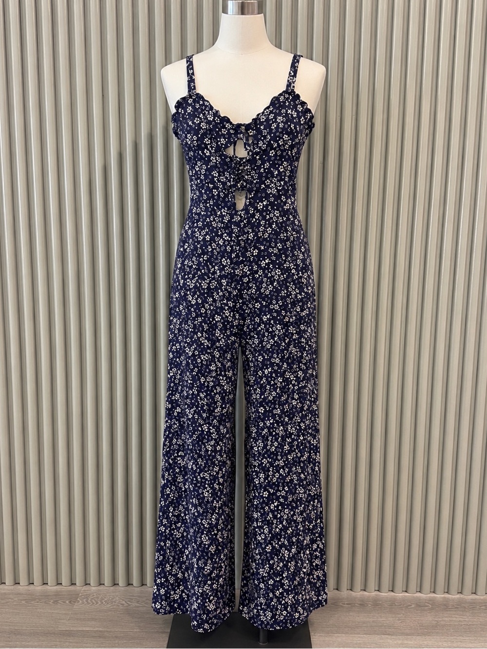 Reformation Navy Floral Tie-Front Wide-Leg Jumpsuit